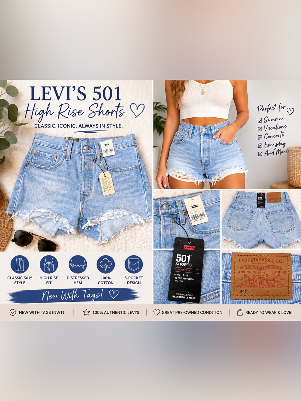 Levi’s 501 Original High Rise Denim Shorts Size 26 NWT